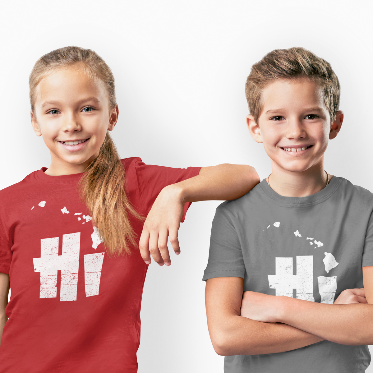 On-model lifestyle photo of the Hawaii HI State Map Kids Hawaiian T-shirt