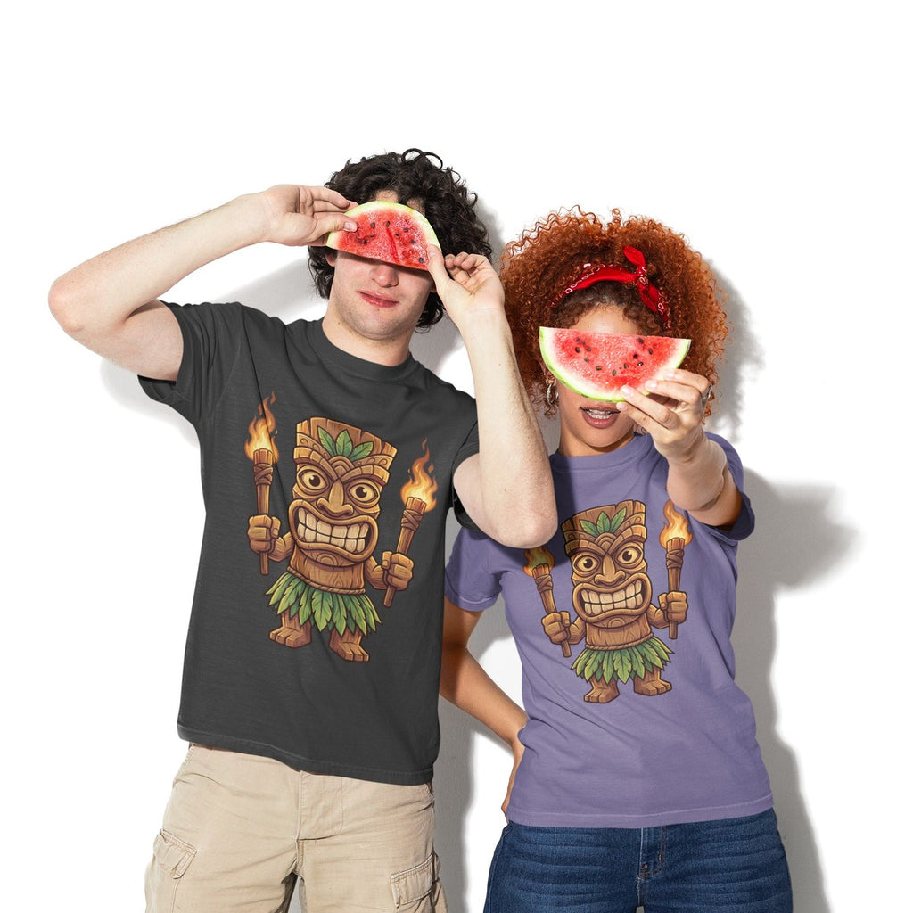 On-model lifestyle photo of the Tiki Man Hawaiian Luau Tropical Cartoon Graphic Hawaiian T-shirt