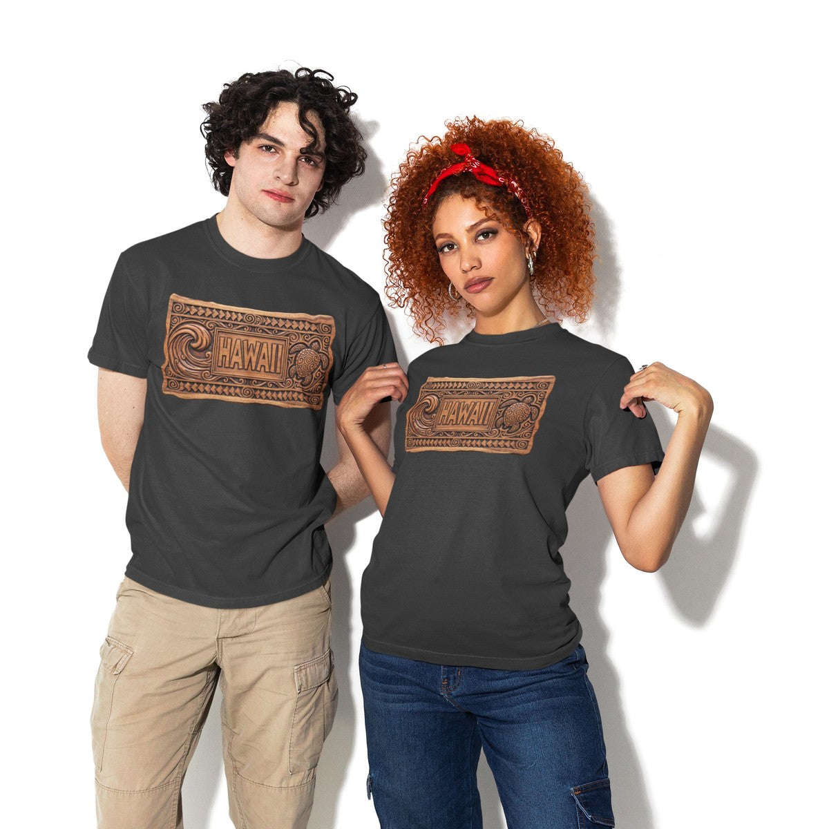 On-model lifestyle photo of the Carved Wood Hawaii Wave Turtle Tiki Panel Hawaiian T-shirt