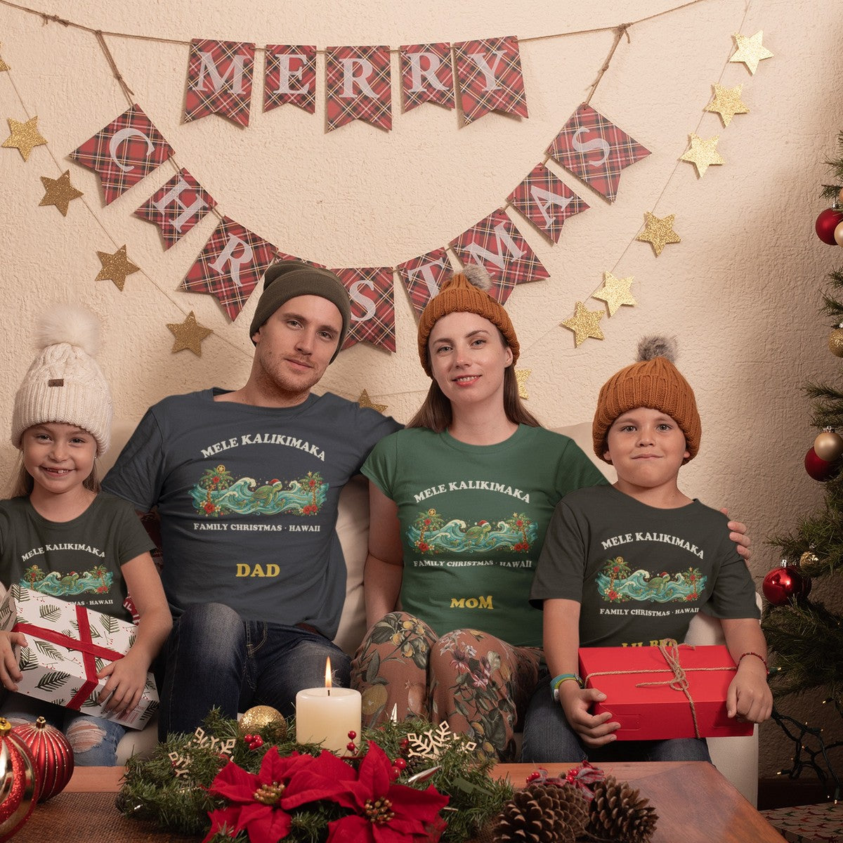 On-model lifestyle photo of the Mele Kalikimaka Hawaiian Family Christmas Mom T-Shirt Hawaiian T-shirt