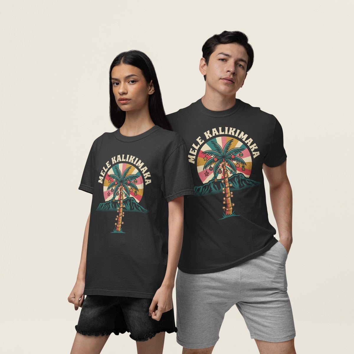 On-model lifestyle photo of the Palm Lights Hawaiian Christmas Hawaiian T-shirt