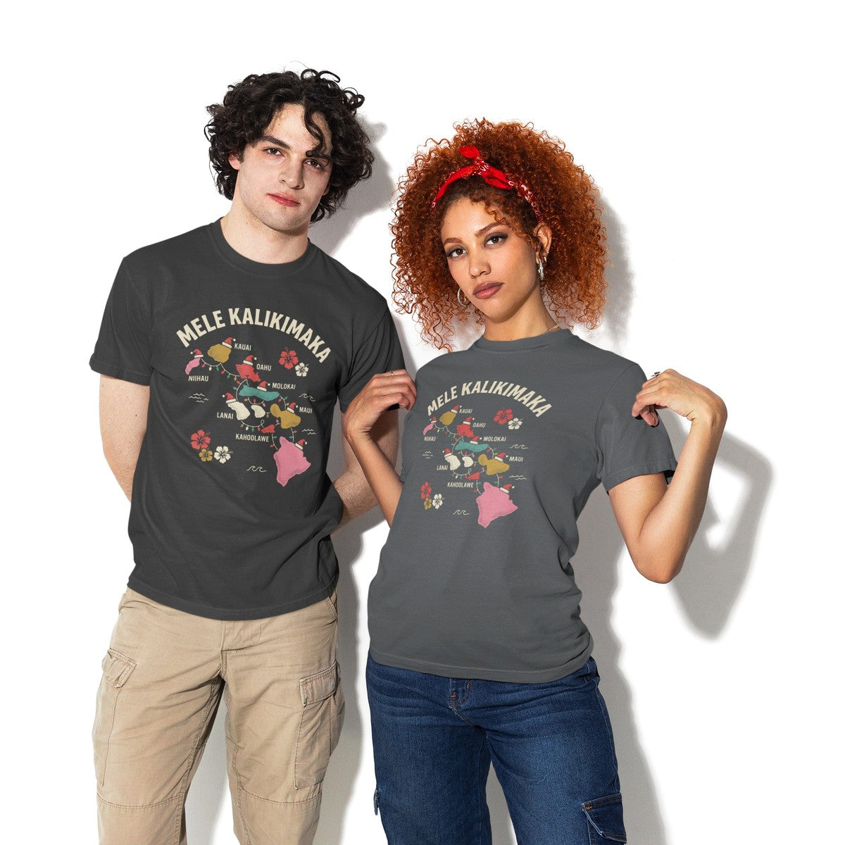 On-model lifestyle photo of the Hawaiian Islands Christmas Map Hawaiian Christmas Hawaiian T-shirt