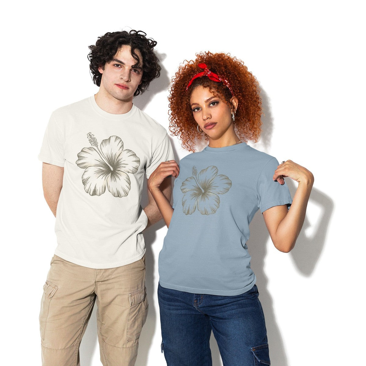 On-model lifestyle photo of the Vintage Hibiscus Flower Tee Hawaiian Floral Graphic Hawaiian T-shirt