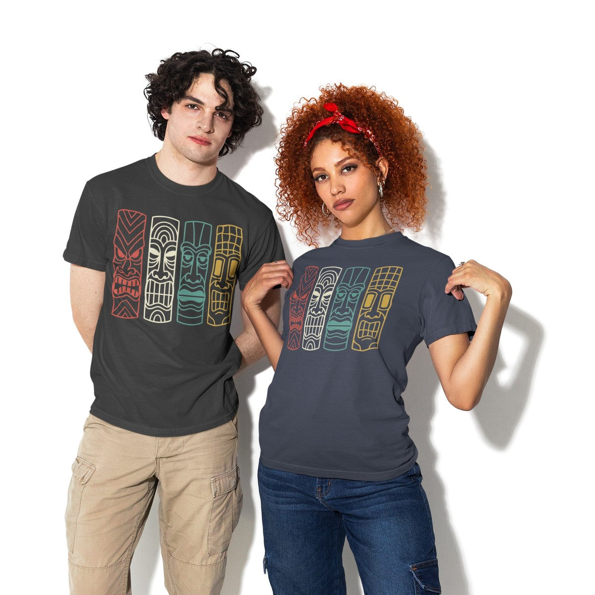 On-model lifestyle photo of the Vintage Tiki Mask Graphic Hawaiian T-shirt
