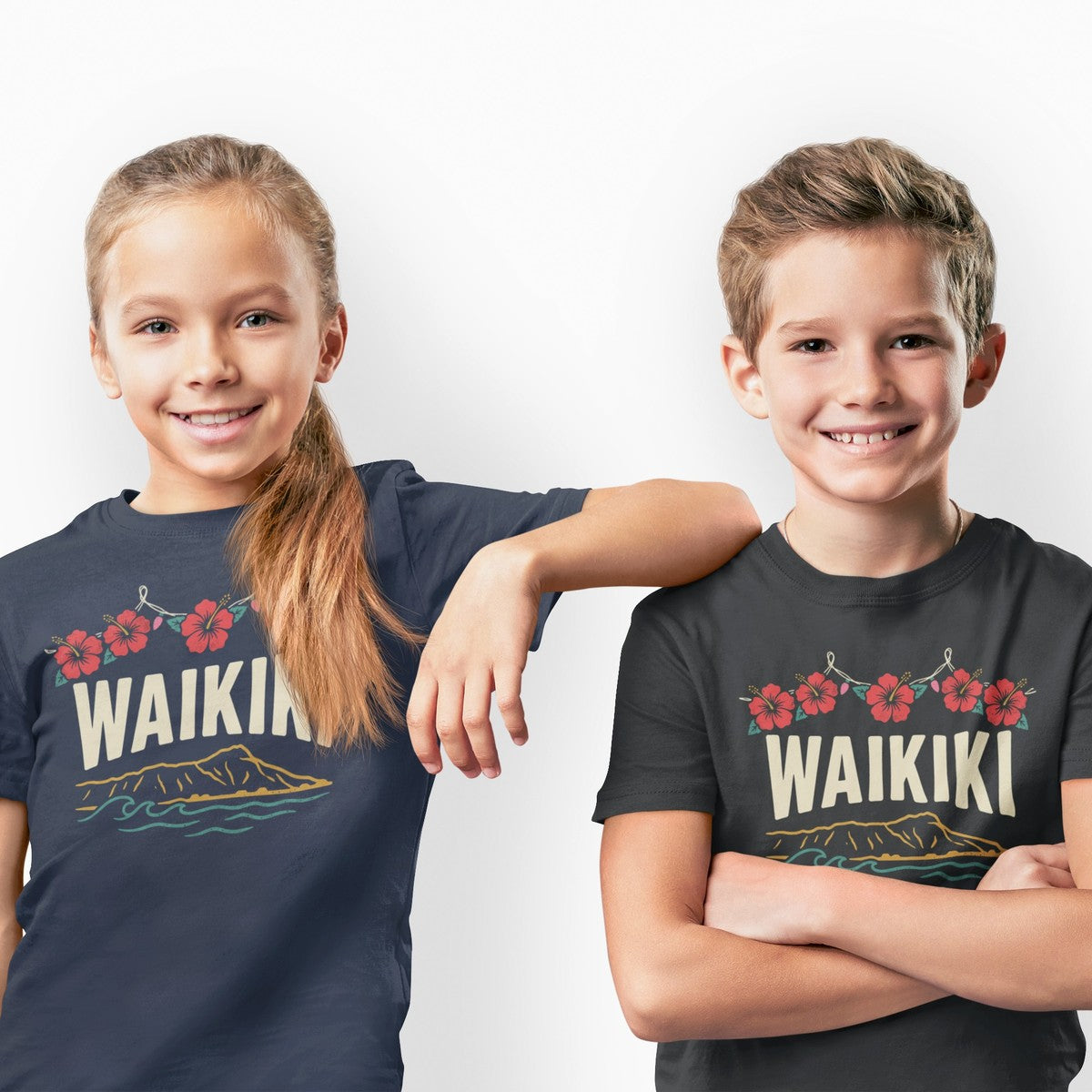 On-model lifestyle photo of the Hibiscus Lights Hawaiian Christmas Kids Hawaiian T-shirt