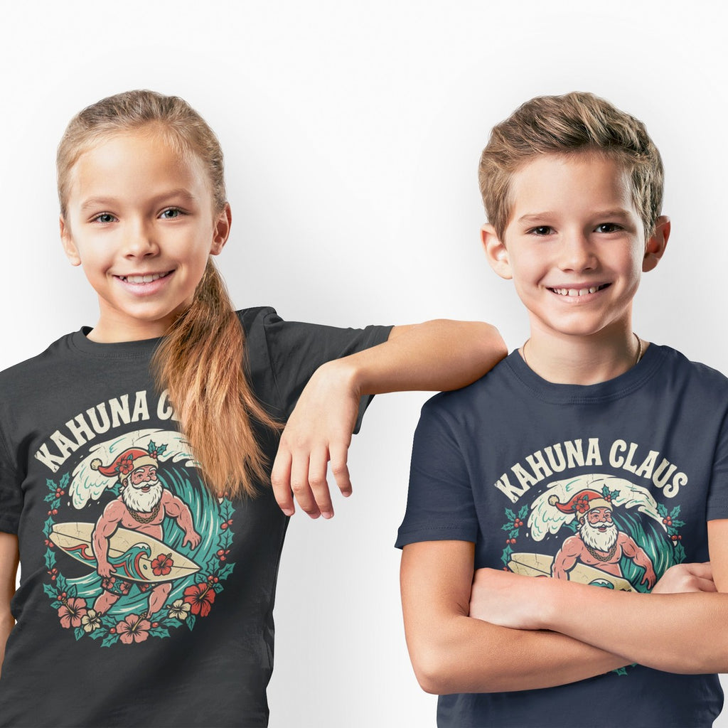 On-model lifestyle photo of the Kahuna Claus Hawaiian Christmas Kids Hawaiian T-shirt