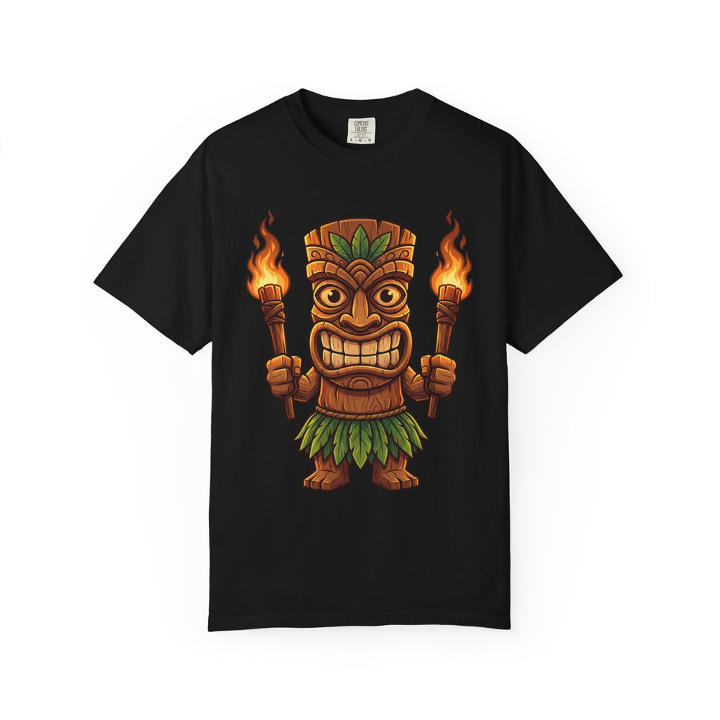 Tiki Warrior Hawaiian Luau Tropical Cartoon Graphic T-Shirt