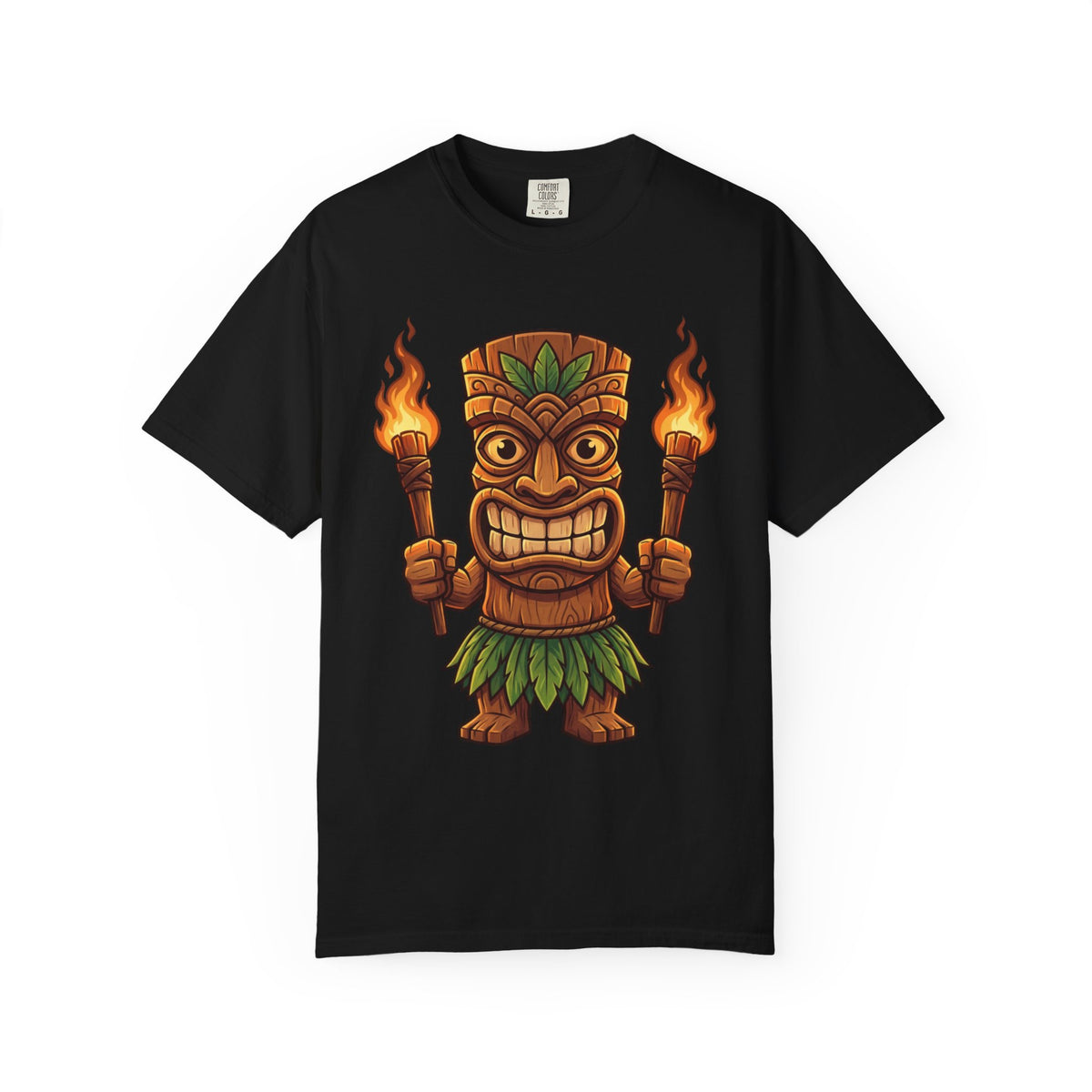 Tiki Warrior Hawaiian Luau Tropical Cartoon Graphic T-Shirt