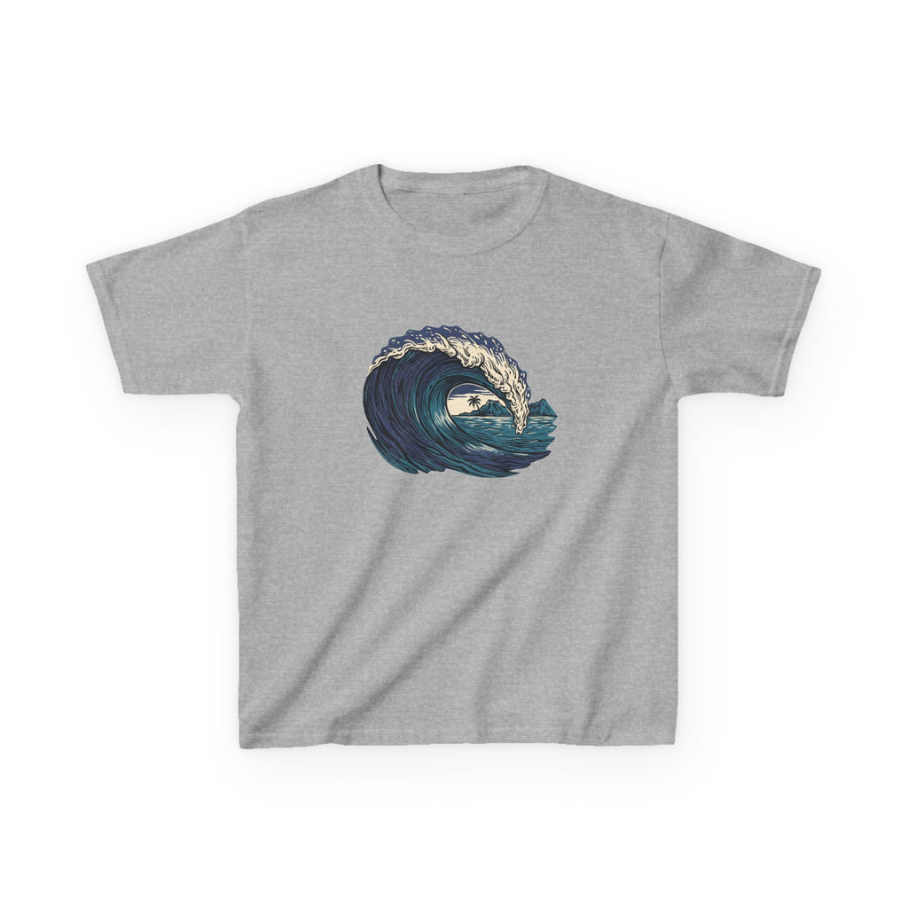 Vintage Woodcut Wave Hawaii Surf Graphic Kids T-Shirt