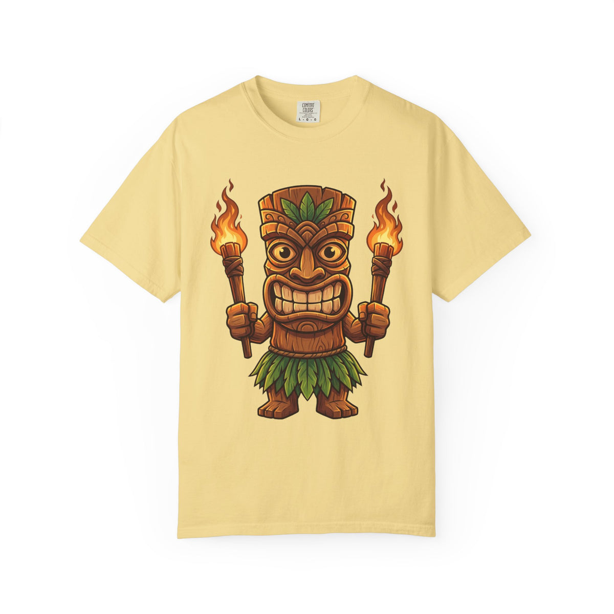 Tiki Warrior Hawaiian Luau Tropical Cartoon Graphic T-Shirt