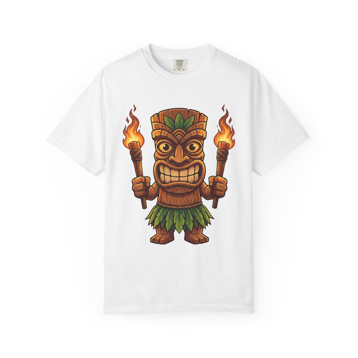 Tiki Warrior Hawaiian Luau Tropical Cartoon Graphic T-Shirt