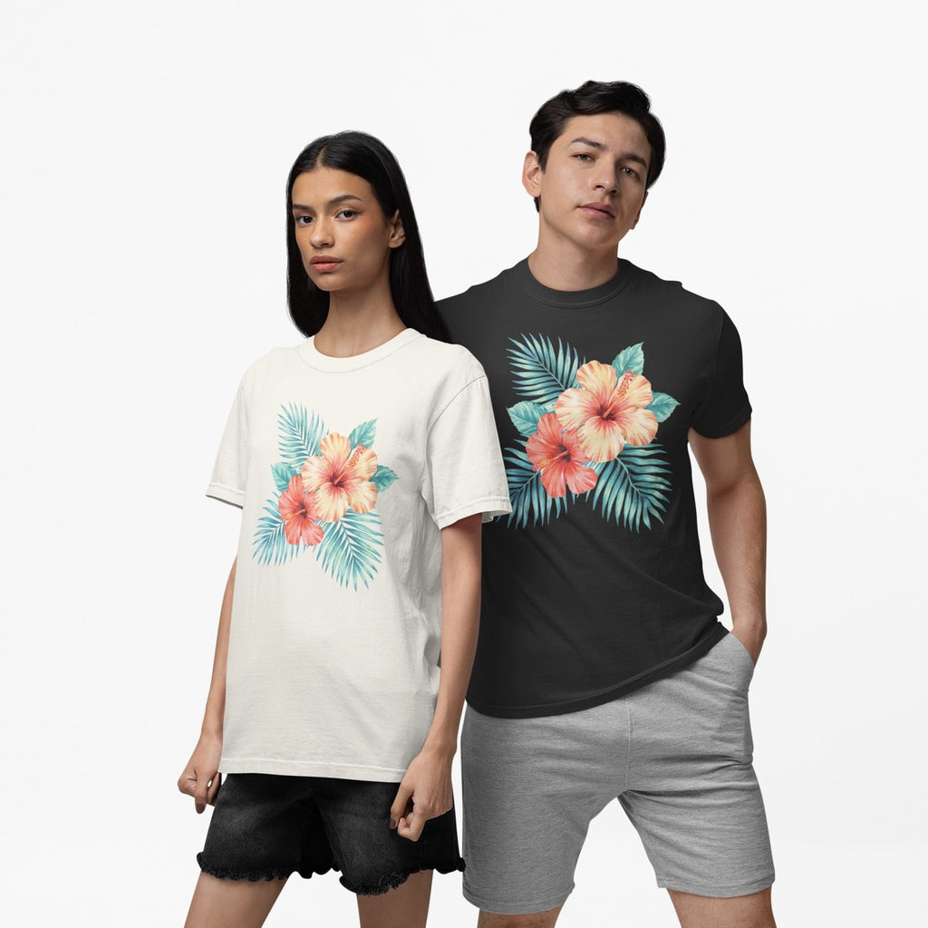 On-model lifestyle photo of the Watercolor Hibiscus Bouquet Hawaiian Floral Hawaiian T-shirt
