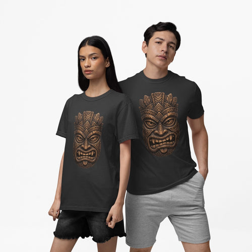 On-model lifestyle photo of the Carved Tiki Mask Hawaiian Tropical Graphic Hawaiian T-shirt