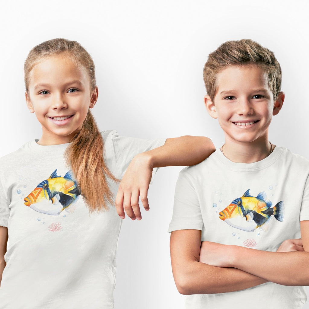 On-model lifestyle photo of the Humuhumunukunukuapuaa Hawaii State Fish Reef Kids Hawaiian T-shirt