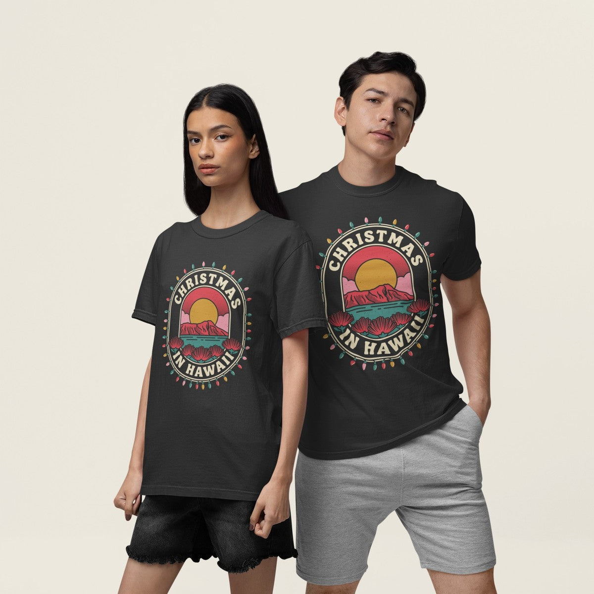On-model lifestyle photo of the Hawaii Christmas Travel Badge Hawaiian Christmas Hawaiian T-shirt
