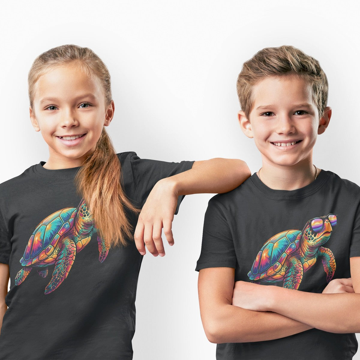 On-model lifestyle photo of the Colorful Sea Turtle Kids Hawaiian T-shirt