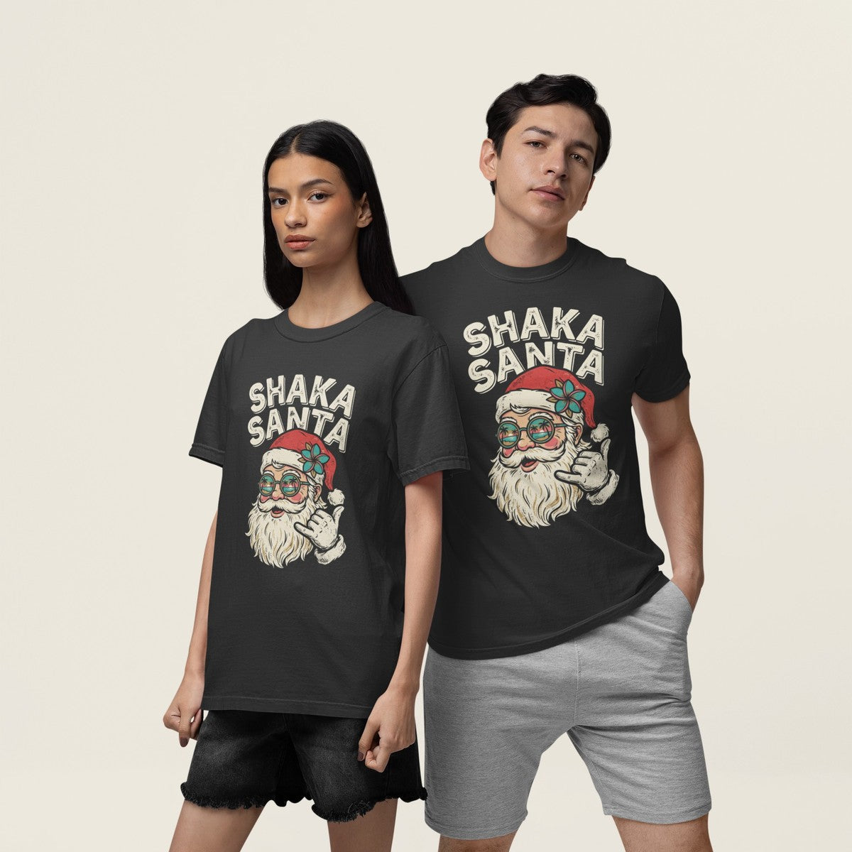 On-model lifestyle photo of the Shaka Santa Hawaiian Christmas Hawaiian T-shirt