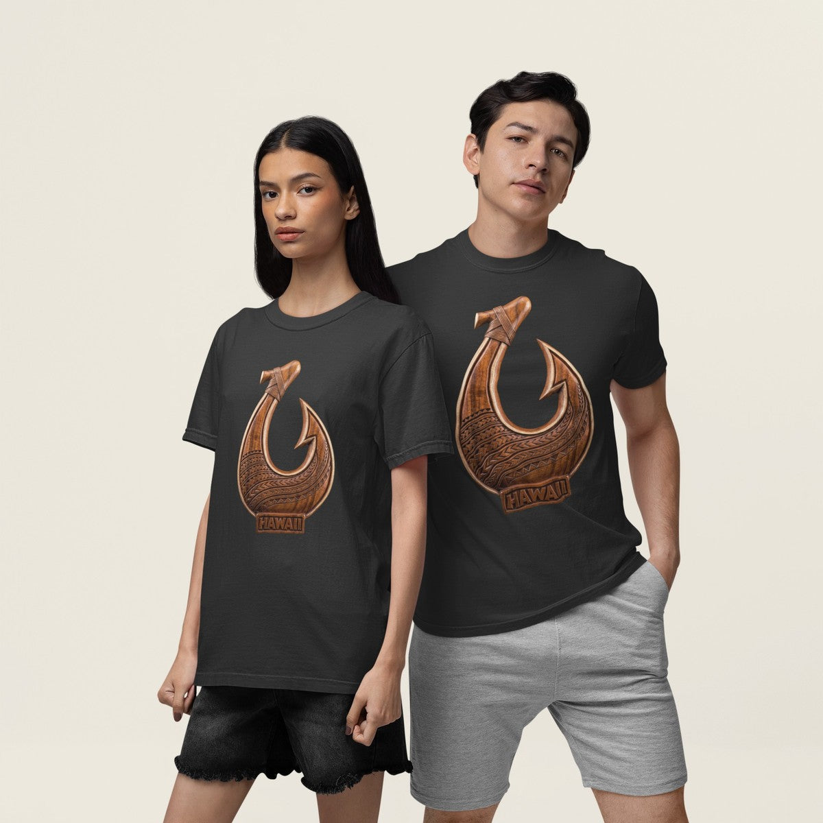 On-model lifestyle photo of the Makau Hawaiian Fish Hook Carved Wood Polynesian Hawaiian T-shirt