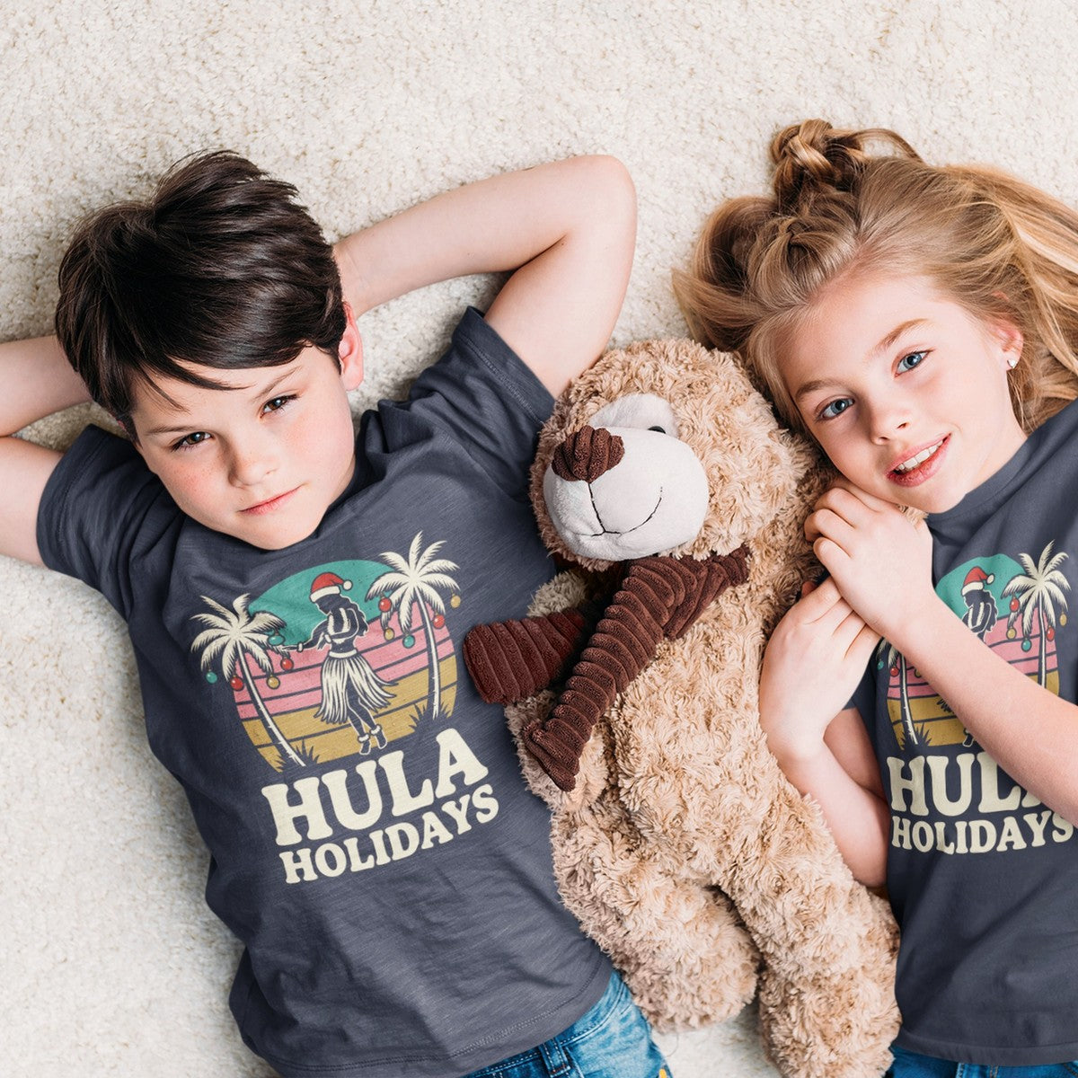 On-model lifestyle photo of the Hula Holidays Hawaiian Christmas Kids Hawaiian T-shirt