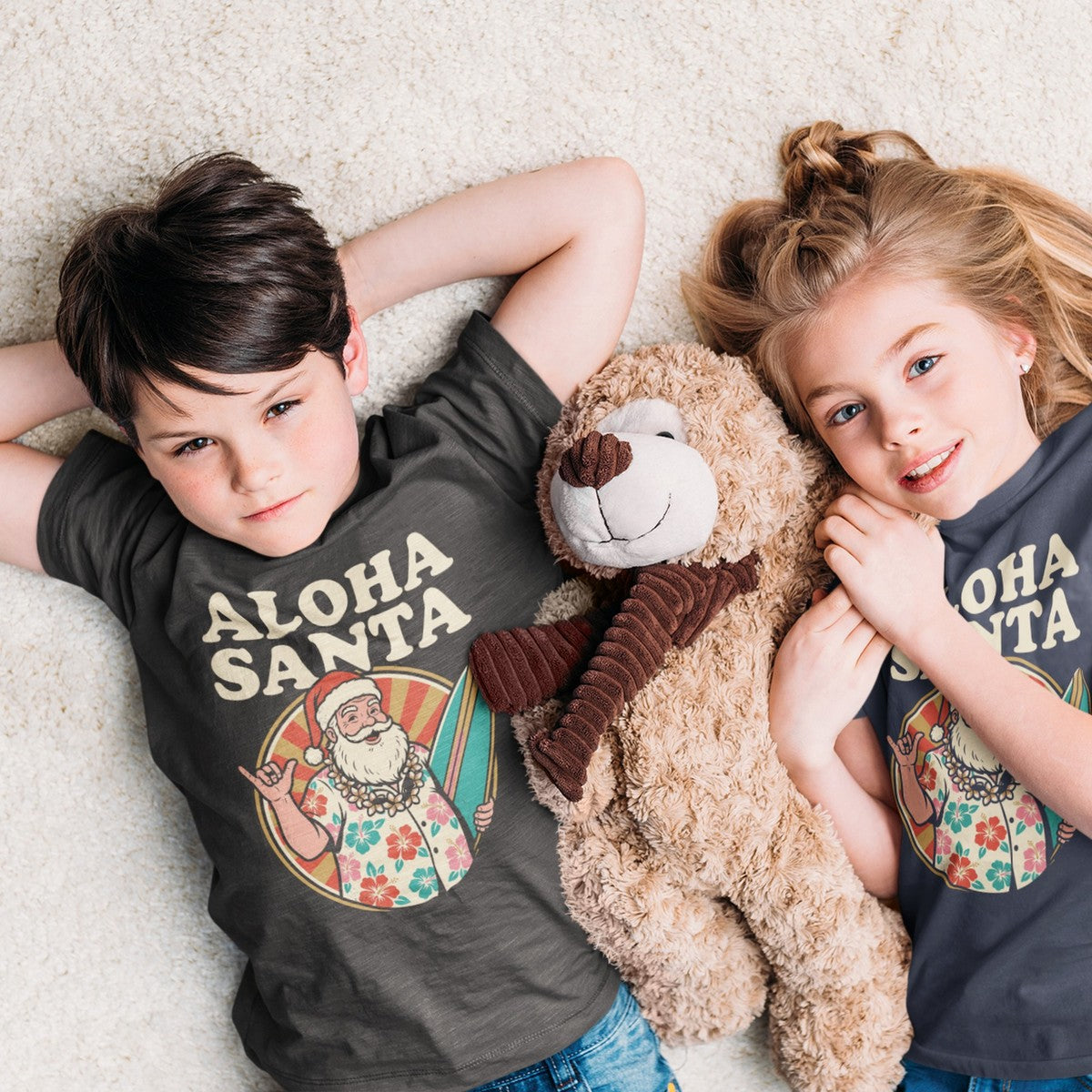 On-model lifestyle photo of the Aloha Santa Hawaiian Christmas Kids Hawaiian T-shirt