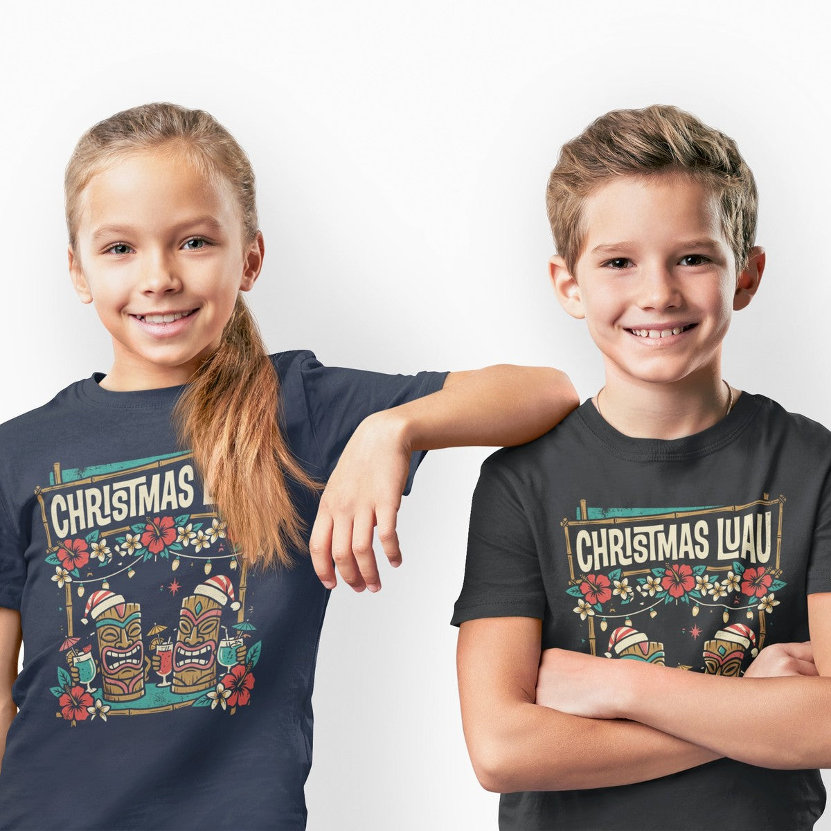 On-model lifestyle photo of the Christmas Luau Hawaiian Christmas Kids Hawaiian T-shirt