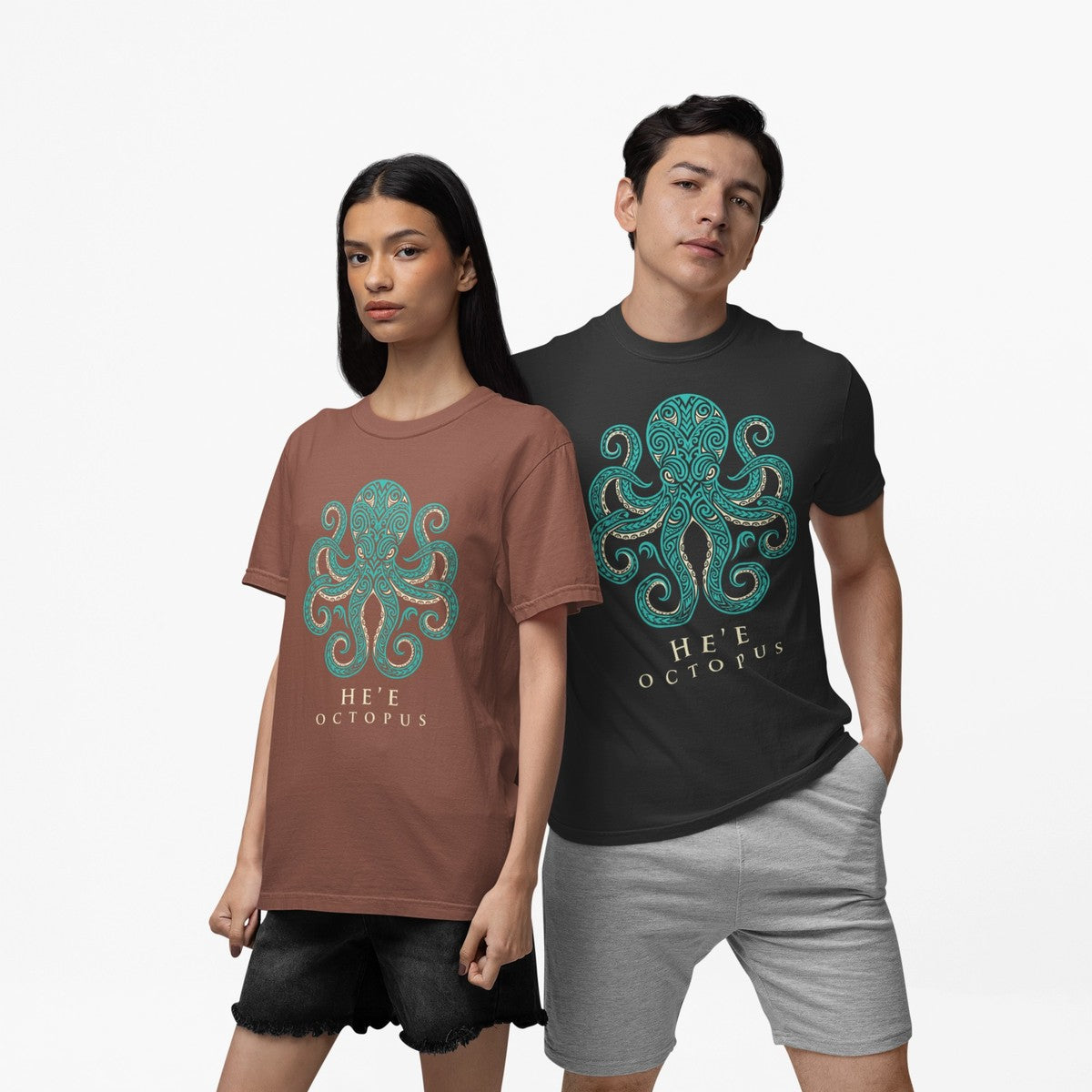 On-model lifestyle photo of the Hee Octopus Polynesian Tribal Hawaii Graphic Hawaiian T-shirt