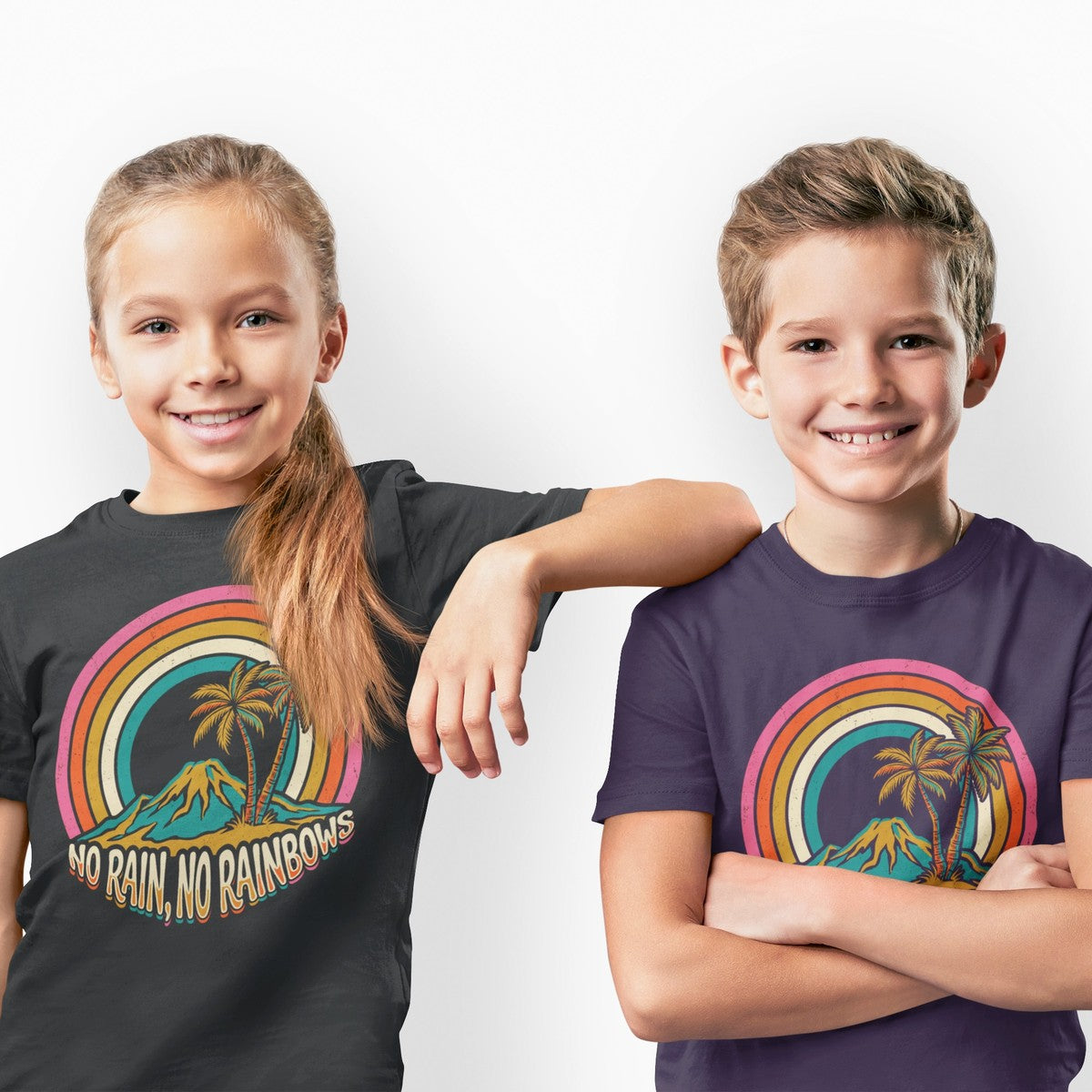 On-model lifestyle photo of the No Rain No Rainbows Hawaii Inspirational Graphic Kids Hawaiian T-shirt