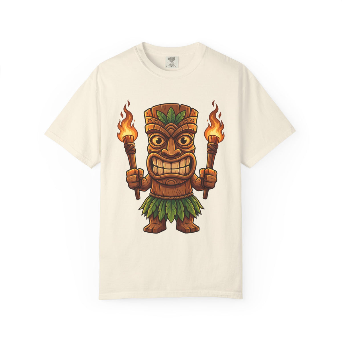 Tiki Warrior Hawaiian Luau Tropical Cartoon Graphic T-Shirt