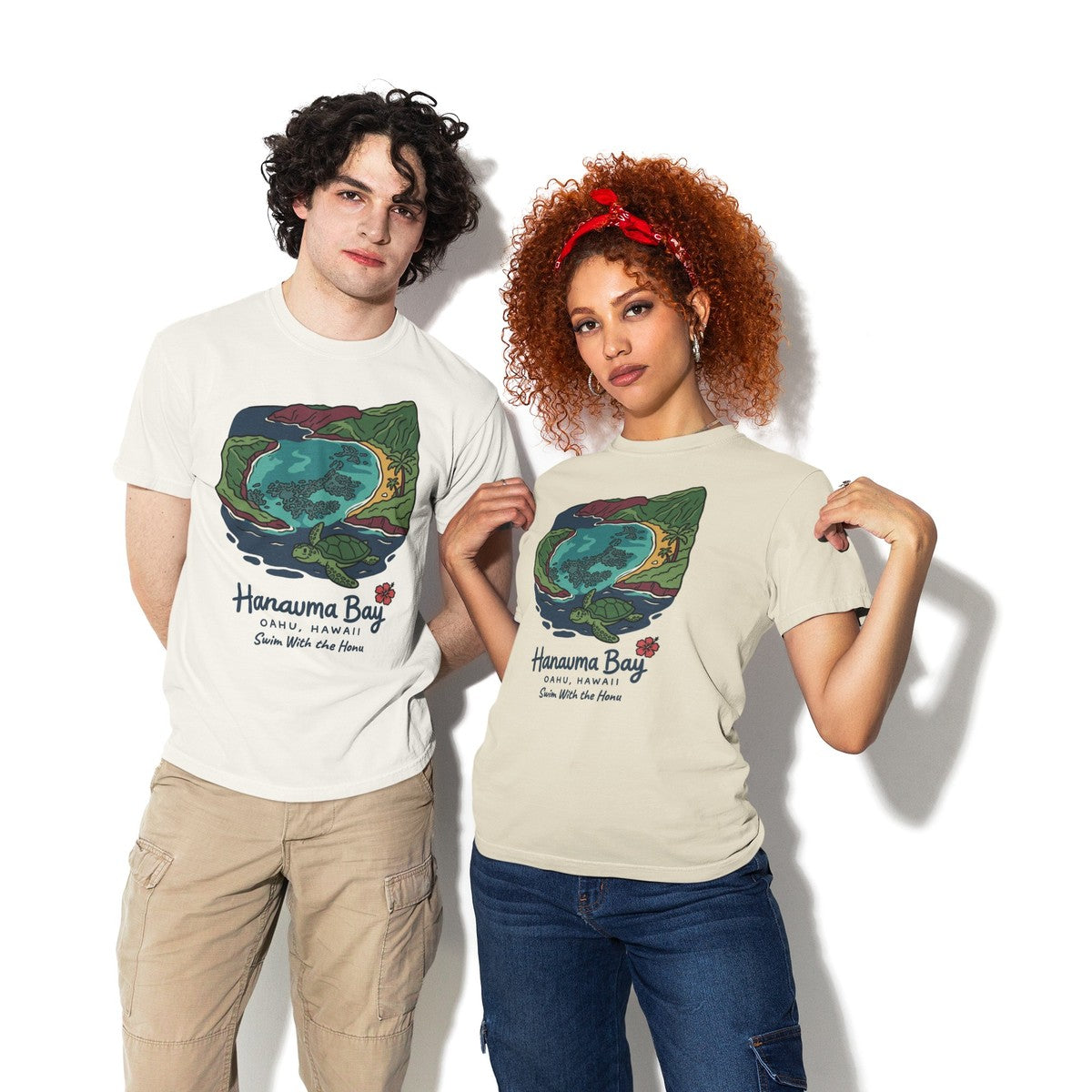 On-model lifestyle photo of the Hanauma Bay Oahu Hawaii Vintage Travel Graphic Hawaiian T-shirt