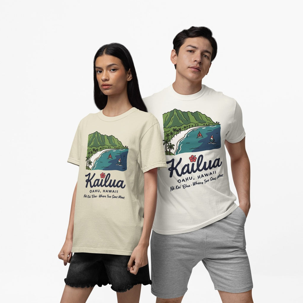 On-model lifestyle photo of the Kailua Beach Oahu Hawaii Vintage Travel Graphic Hawaiian T-shirt