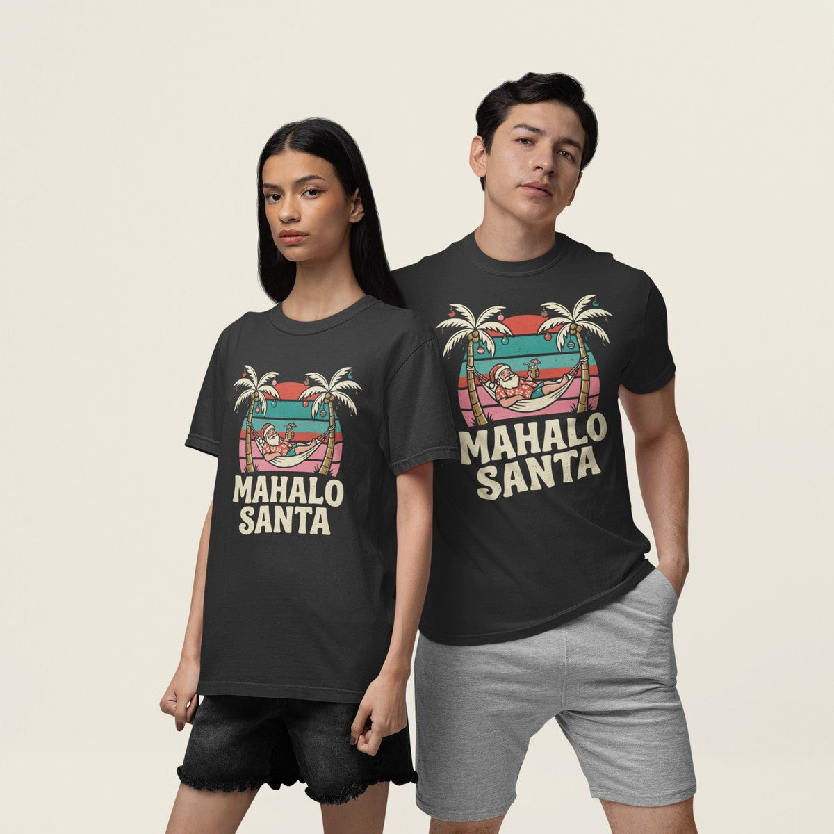 On-model lifestyle photo of the Mahalo Santa Hawaiian Christmas Hawaiian T-shirt