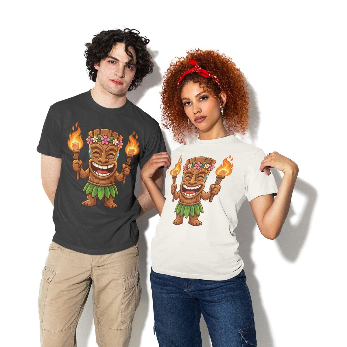 On-model lifestyle photo of the Tiki Warrior Hawaiian Luau Tropical Cartoon Graphic Hawaiian T-shirt