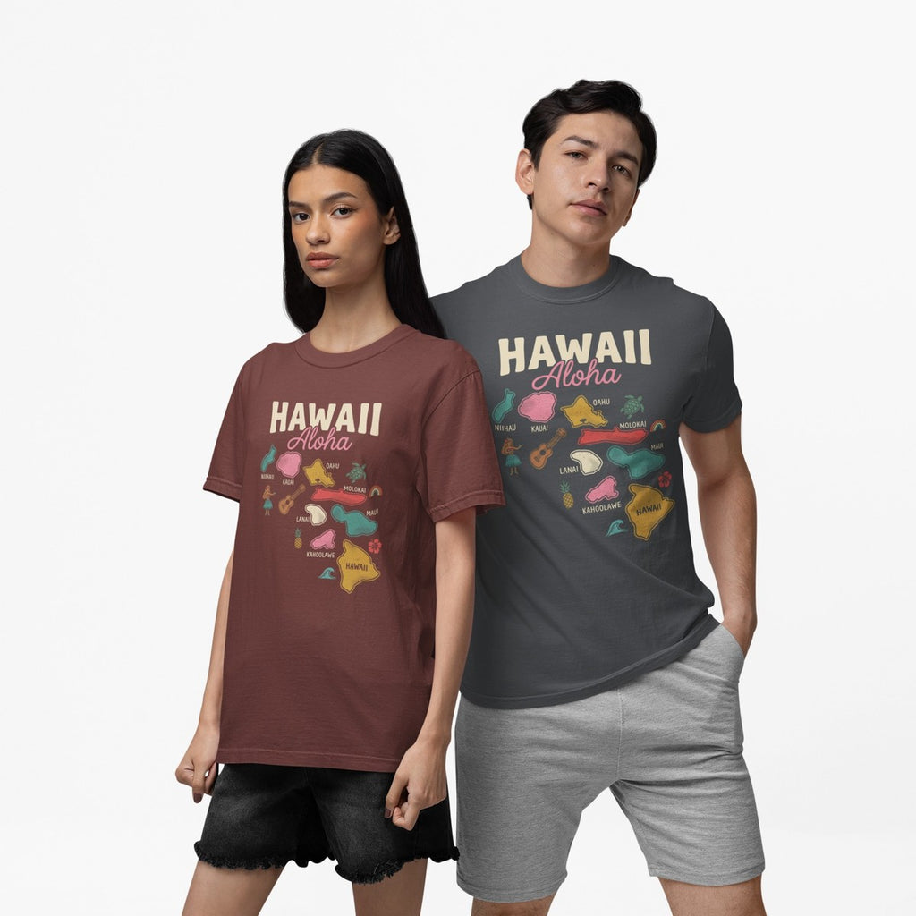 On-model lifestyle photo of the Hawaiian Islands Folk Art Map Aloha Hawaiian T-shirt