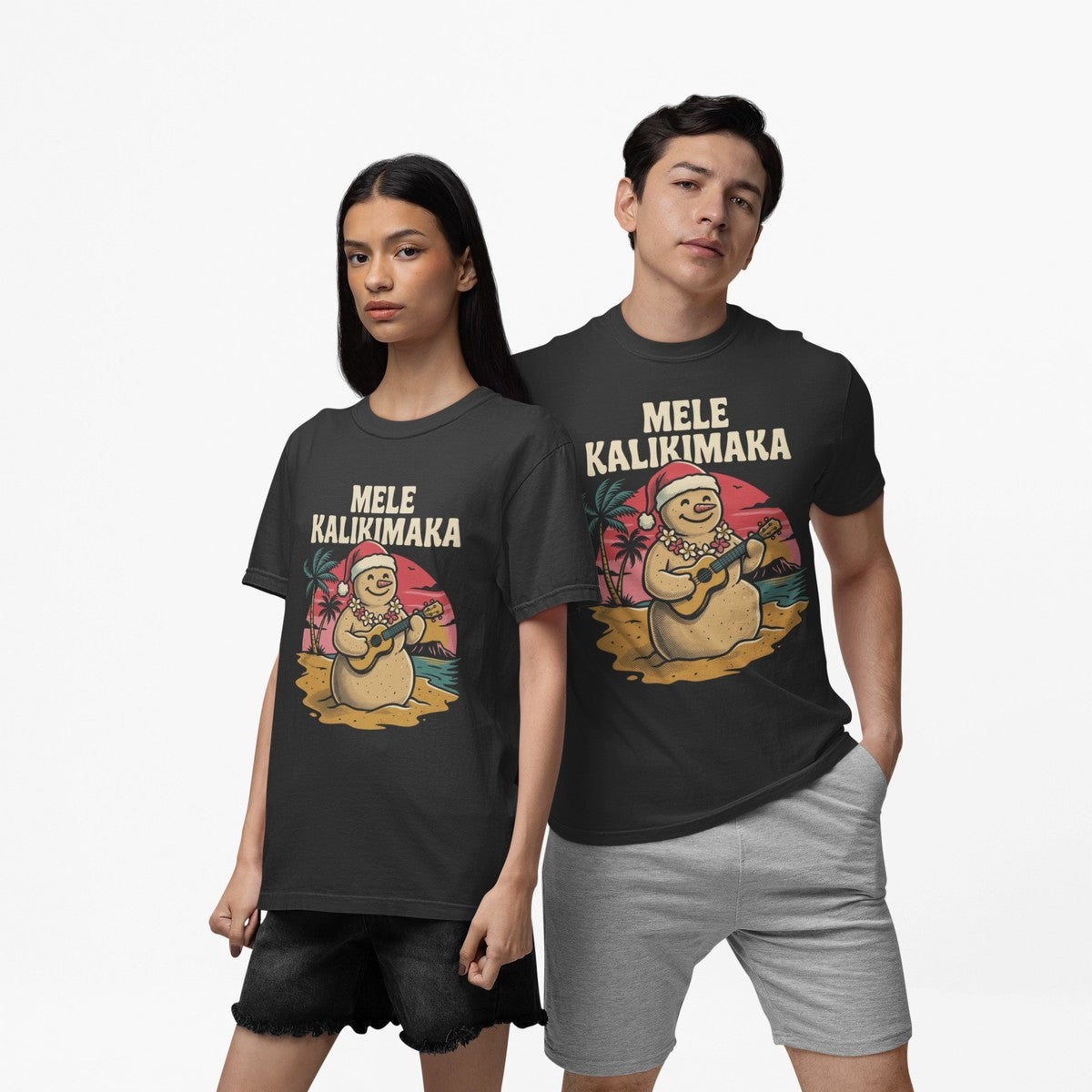 On-model lifestyle photo of the Sandman Hawaiian Christmas Hawaiian T-shirt