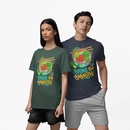 On-model lifestyle photo of the Broke Da Mouth Hawaii Poke Bowl Foodie Hawaiian T-shirt