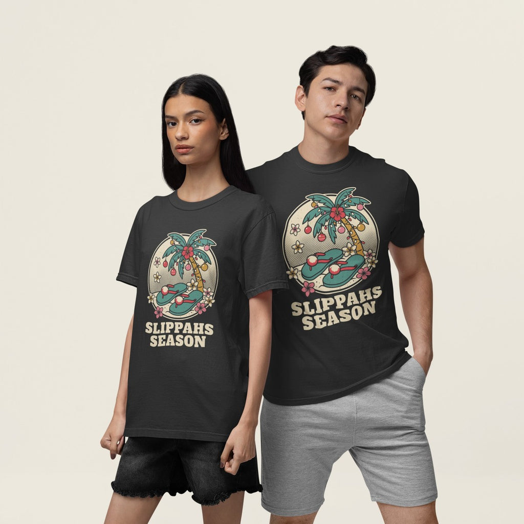 On-model lifestyle photo of the Slippahs Hawaiian Christmas Hawaiian T-shirt