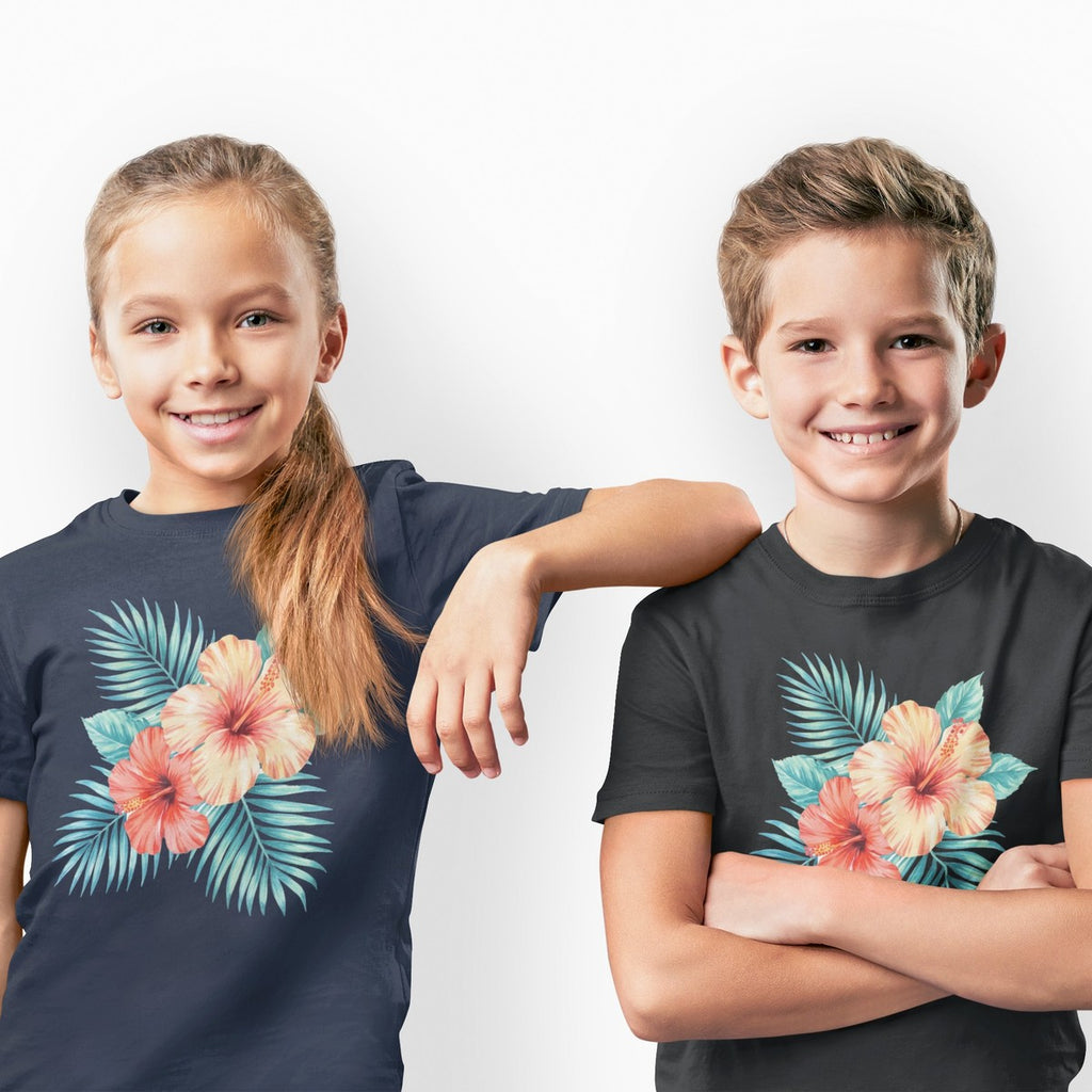 On-model lifestyle photo of the Watercolor Hibiscus Bouquet Hawaiian Floral Kids Hawaiian T-shirt