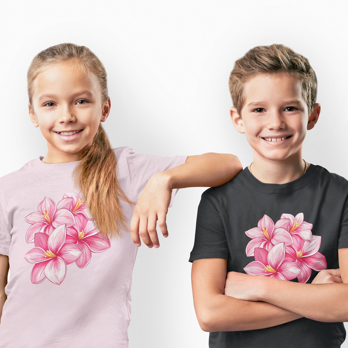 On-model lifestyle photo of the Pink Plumeria Floral Kids Hawaiian T-shirt