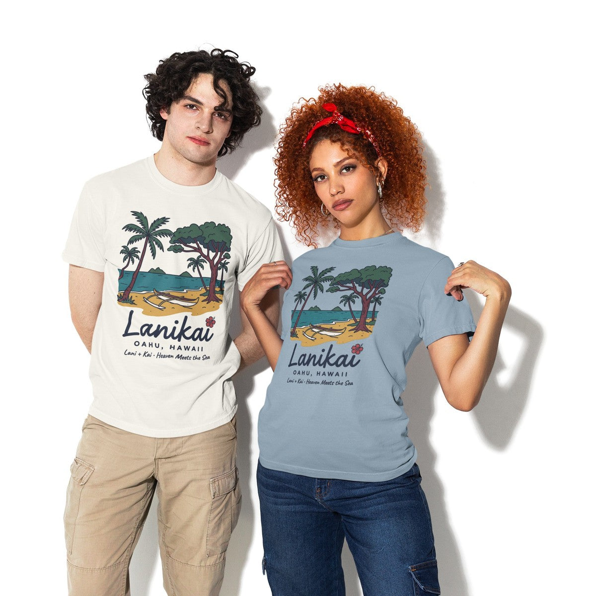 On-model lifestyle photo of the Lanikai Beach Oahu Hawaii Vintage Travel Graphic Hawaiian T-shirt