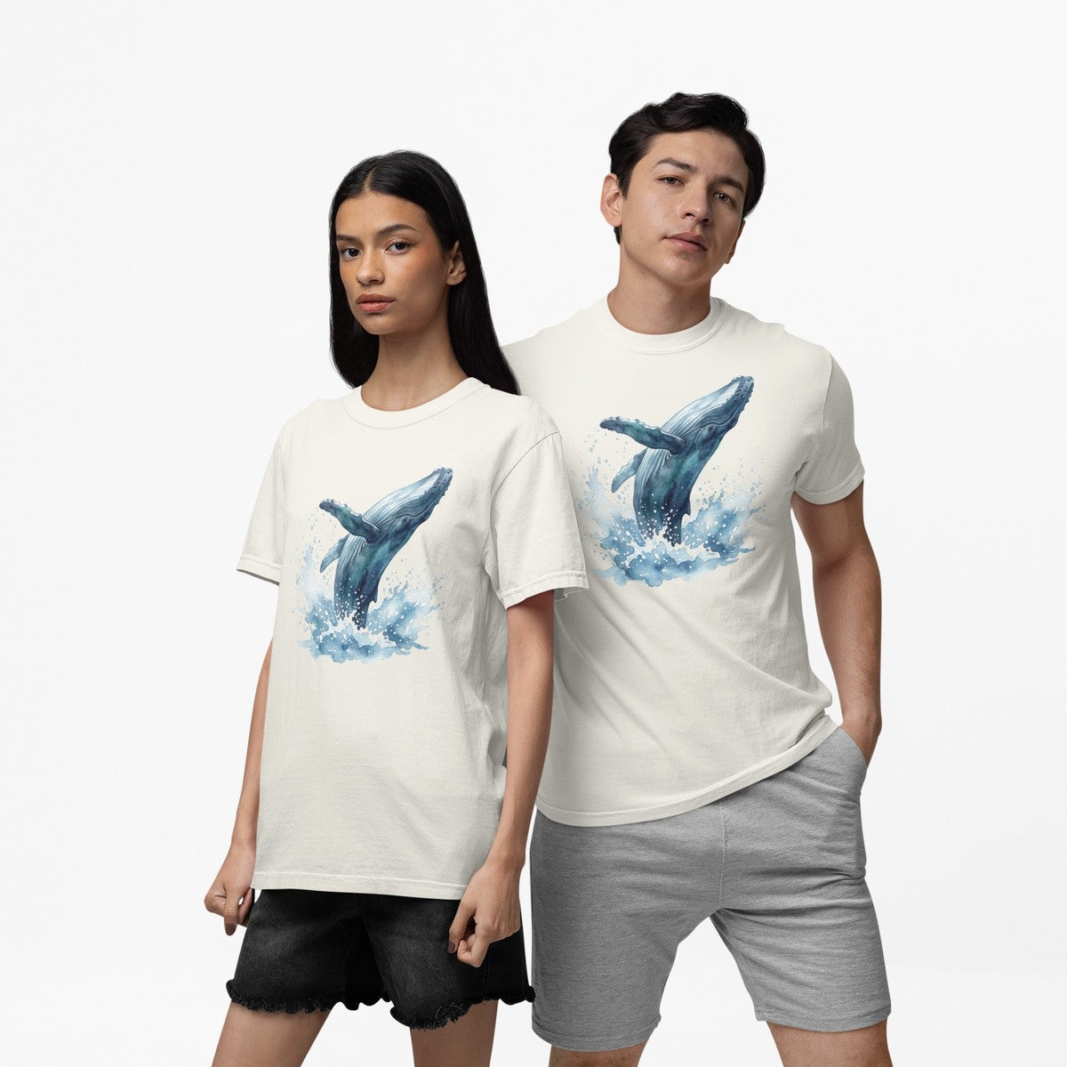 On-model lifestyle photo of the Humpback Whale Watercolor Hawaii Ocean Graphic Hawaiian T-shirt