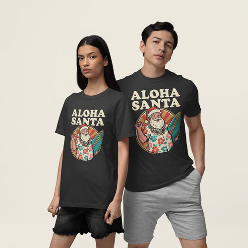 On-model lifestyle photo of the Aloha Santa Hawaiian Christmas Hawaiian T-shirt