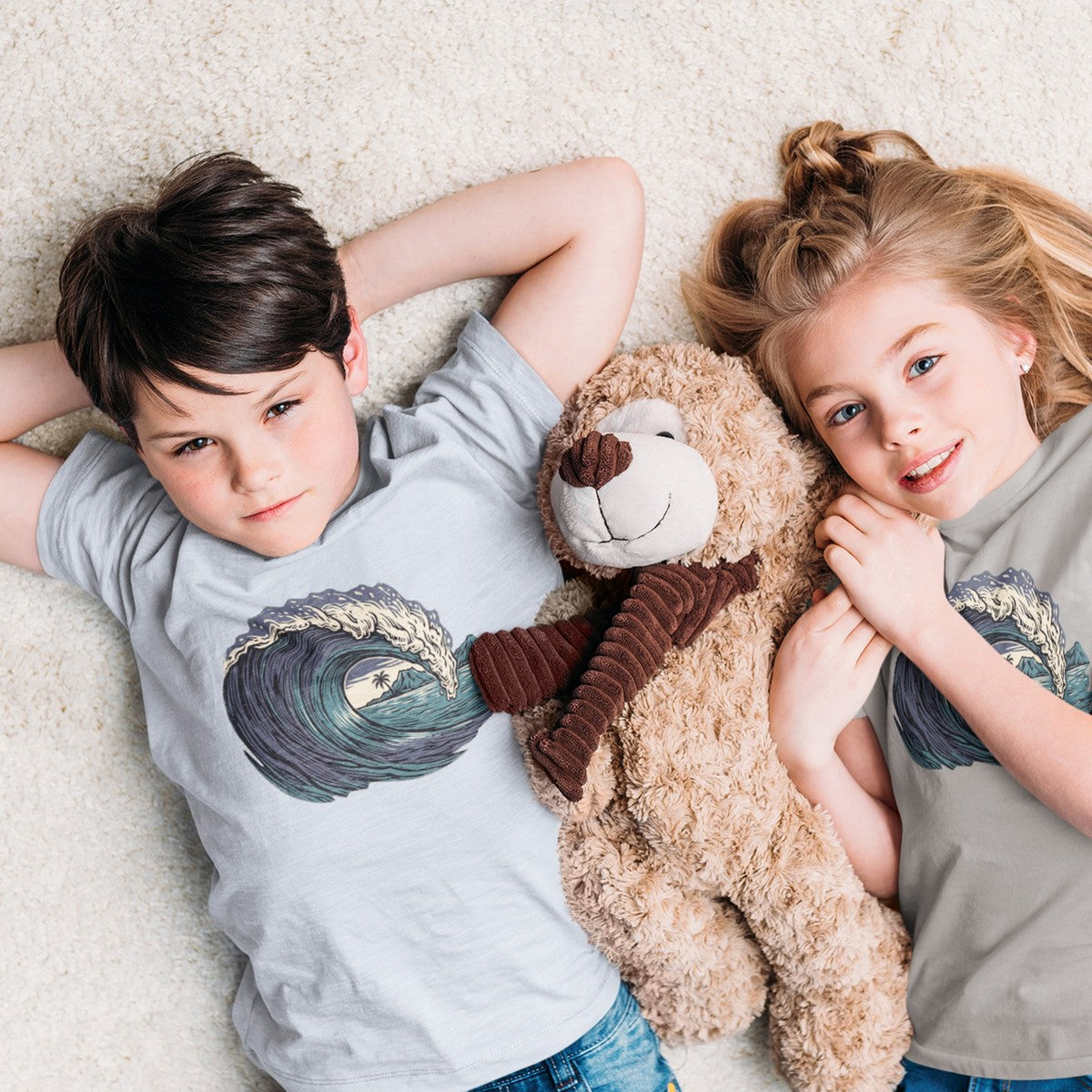 On-model lifestyle photo of the Vintage Woodcut Wave Hawaii Surf Graphic Kids Hawaiian T-shirt