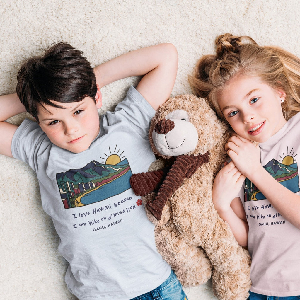 On-model lifestyle photo of the I Love Hawaii Diamond Head Oahu Funny Hiking Graphic Kids Hawaiian T-shirt
