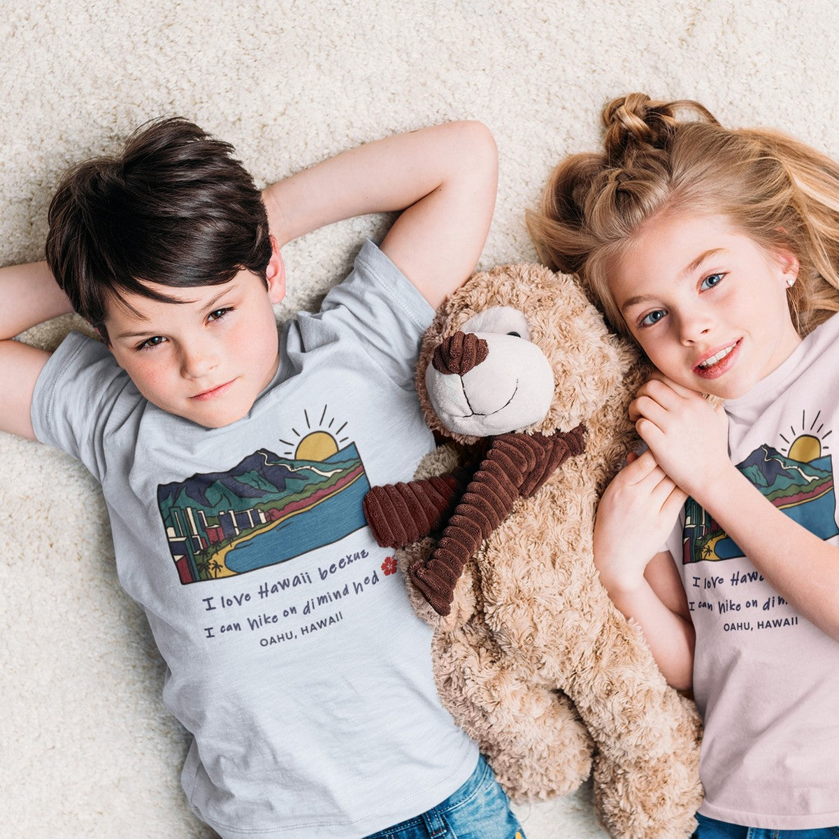 On-model lifestyle photo of the I Love Hawaii Diamond Head Oahu Funny Hiking Graphic Kids Hawaiian T-shirt