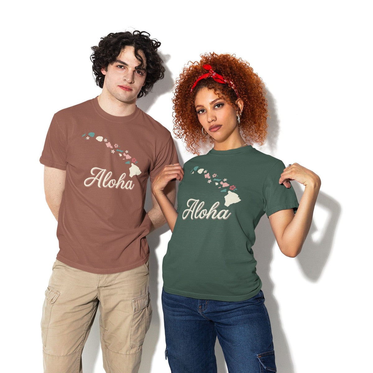 On-model lifestyle photo of the Hawaii Aloha Islands Minimalist Map Hawaiian T-shirt