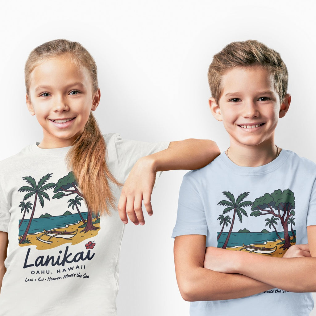 On-model lifestyle photo of the Lanikai Beach Oahu Hawaii Vintage Travel Graphic Kids Hawaiian T-shirt