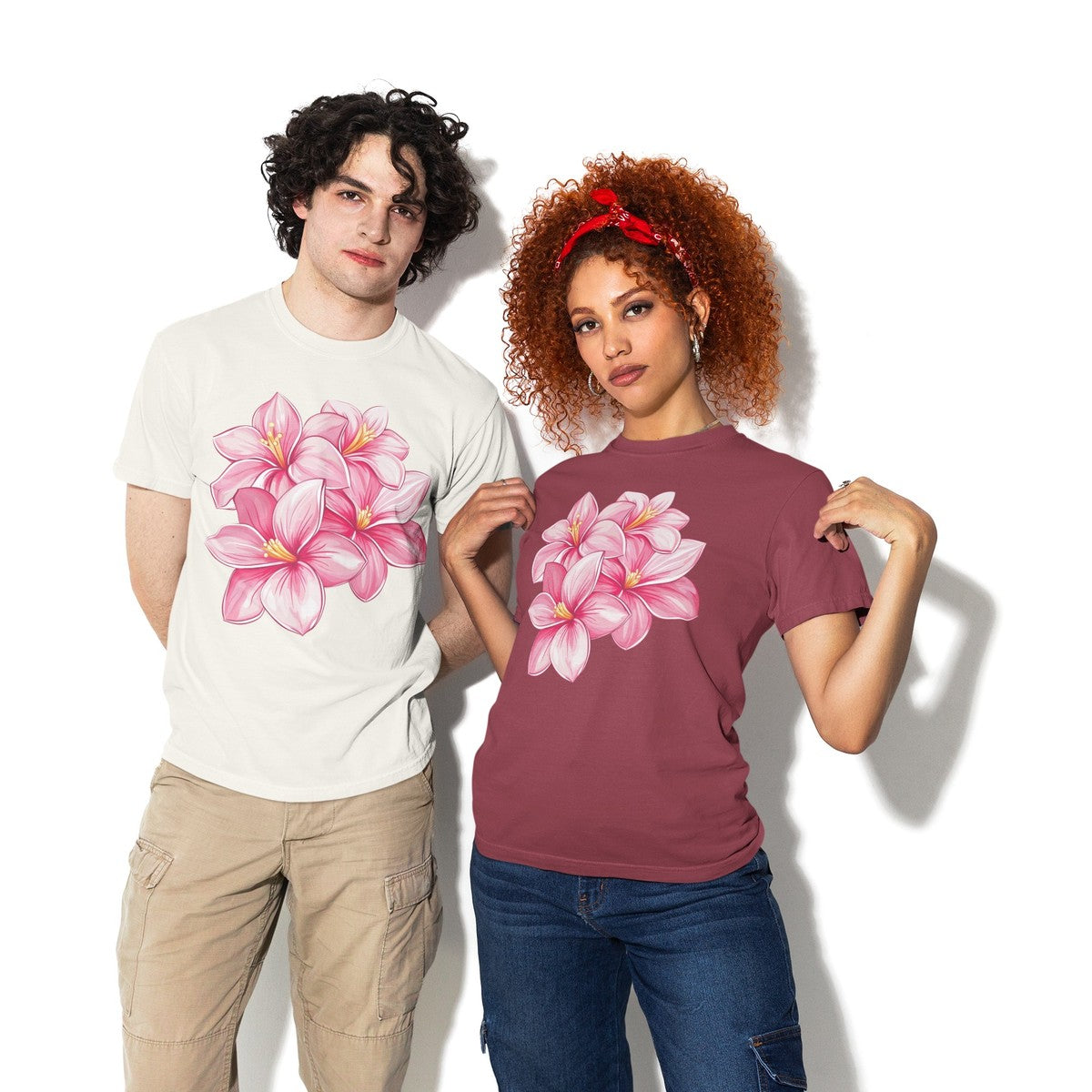 On-model lifestyle photo of the Pink Plumeria Floral Hawaiian T-shirt