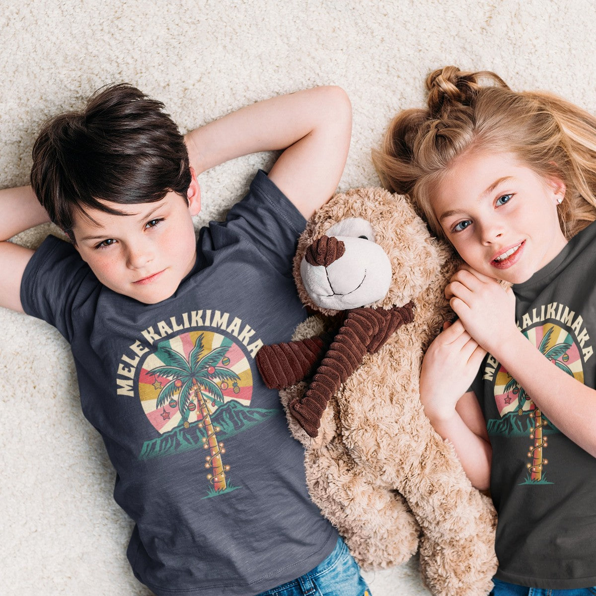 On-model lifestyle photo of the Palm Lights Hawaiian Christmas Kids Hawaiian T-shirt
