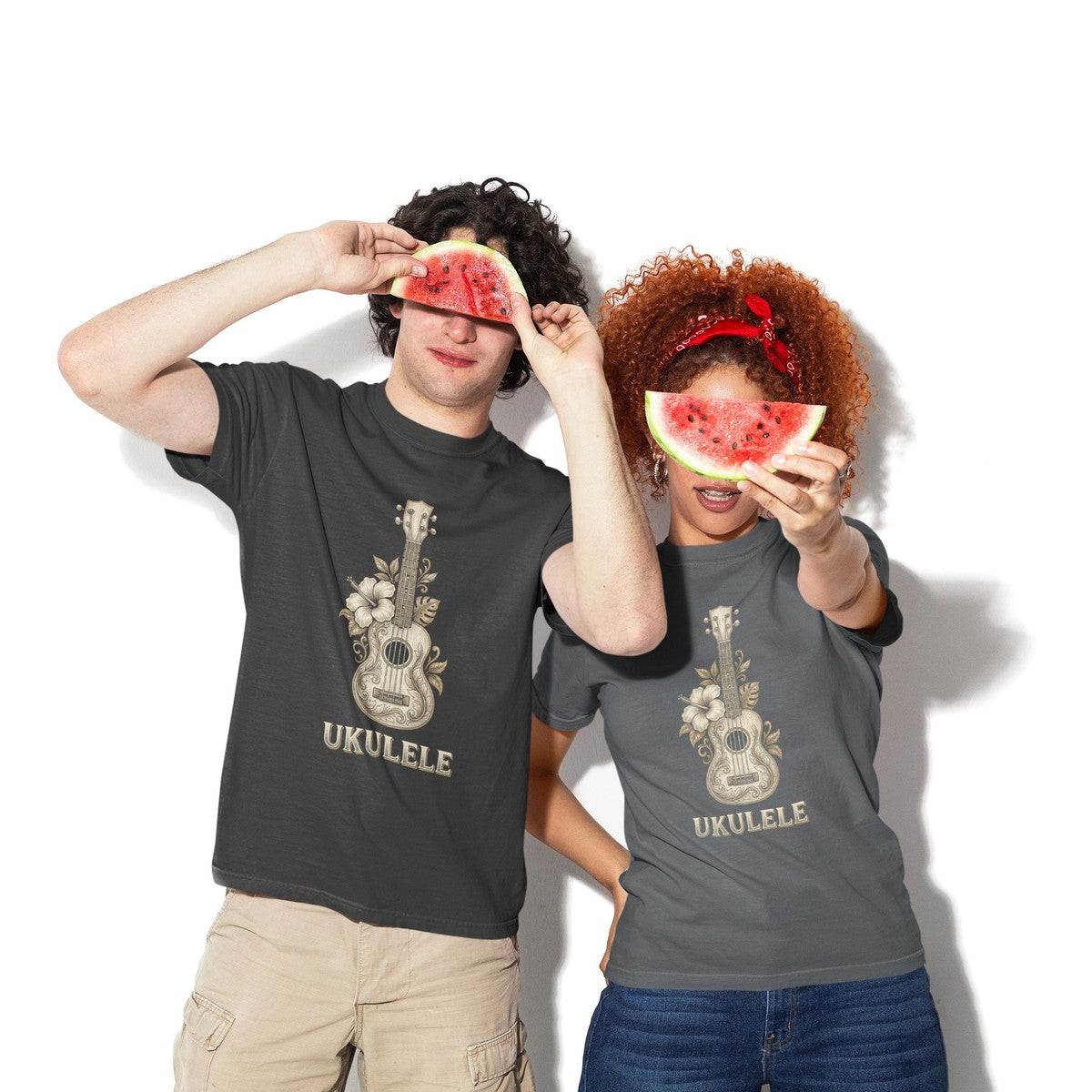 On-model lifestyle photo of the Vintage Ukulele Hawaiian Hibiscus Music Graphic Hawaiian T-shirt