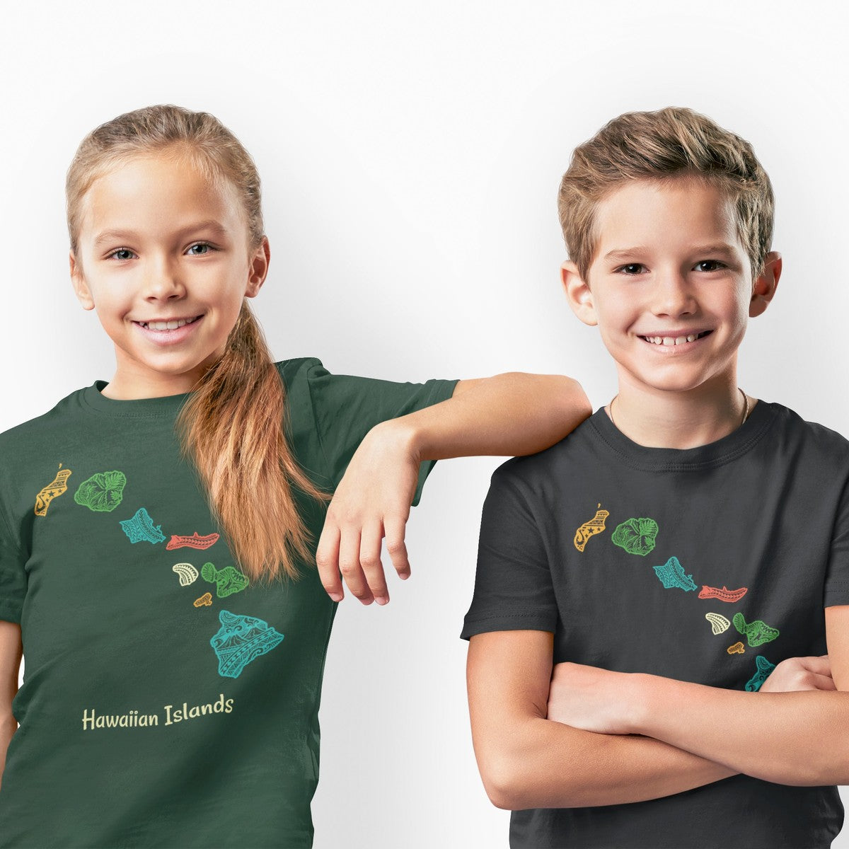 On-model lifestyle photo of the Hawaiian Islands Chain Map Minimalist Kids Hawaiian T-shirt